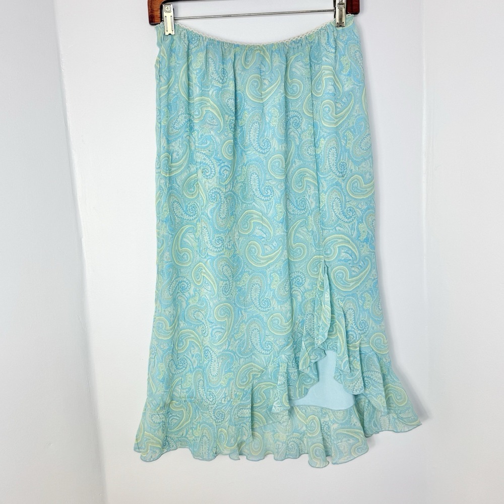 Y2K Turquoise Paisley Midi Skirt M Ruffle High Low Fairy Whimsical Pastel Dainty